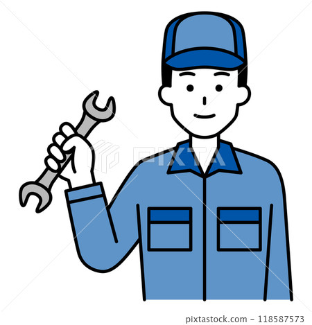 一個穿著工作服的男人拿著扳手 118587573