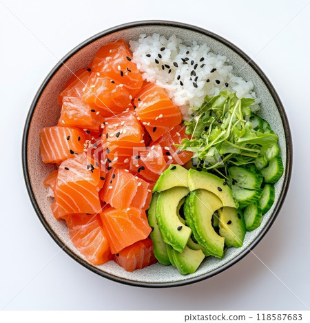 Fresh salmon and avocado sushi bowl with rice and cucumbers on a white background 118587683