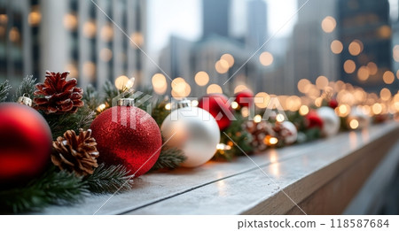Festive holiday decorations with ornaments and lights along a city street during winter 118587684
