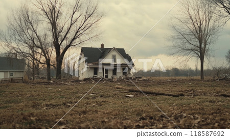 Abandoned house surrounded by debris in a desolate area under a cloudy sky during early evening Abandoned house surrounded by debris in a desolate area under a cloudy sky during early evening 118587692