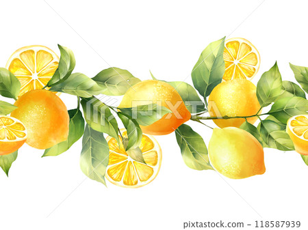 Hand-drawn pattern, seamless fruit border of lemons and leaves. 118587939