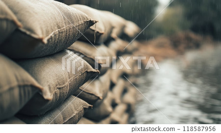 Sandbags stacked near a river during rain to prevent flooding in a vulnerable area 118587956