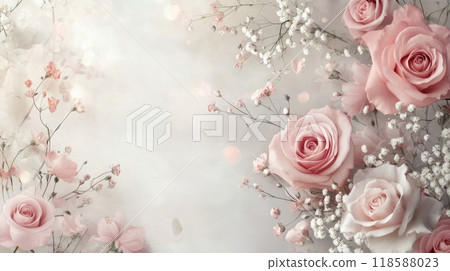 Elegant pink roses with delicate accents against a soft gray background in springtime bloom Elegant pink roses with delicate accents against a soft gray background in springtime bloom 118588023