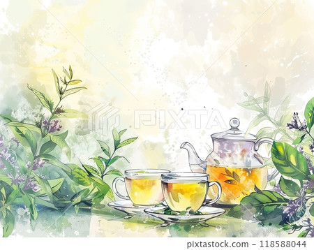 A beautiful tea setup showcases a glass teapot and two cups filled with tea, surrounded by vibrant green herbs and delicate leaves, creating a serene atmosphere. A beautiful tea setup showcases a glass teapot and two cups filled with tea, surrounded by vibrant green herbs and delicate leaves, creating a serene atmosphere. 118588044