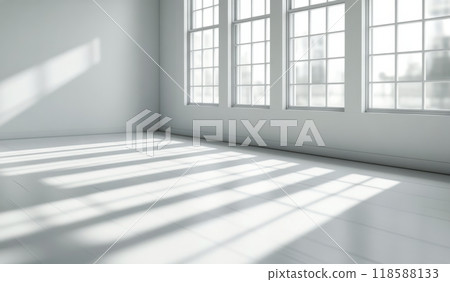 Bright and airy interior with potted plant near large windows on a sunny day 118588133