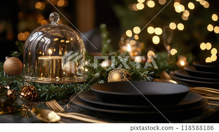 Elegant holiday dinner setting with candles and decorations in a warm, festive atmosphere 118588186