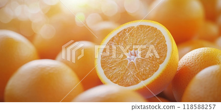 Fresh oranges on display with a cut orange highlighting juicy texture in warm sunlight Fresh oranges on display with a cut orange highlighting juicy texture in warm sunlight 118588257