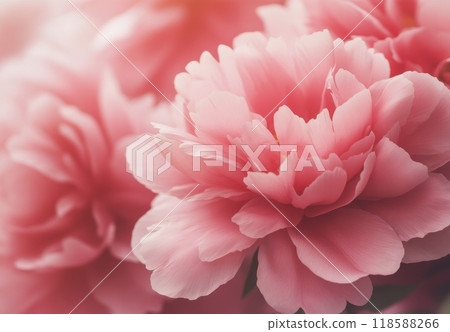 Delicate pink peonies bloom beautifully in a sunlit garden during early summer 118588266