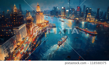 Vivid and colorful portrayal of the Shanghai skyline at night, with boats gliding along the Huangpu river 118588375