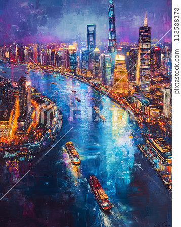 Vivid and colorful portrayal of the Shanghai skyline at night, with boats gliding along the Huangpu river 118588378