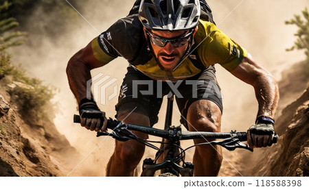 Determined cyclist racing through dusty mountain trail 118588398