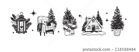 Christmas doodle set, holiday winter pine tree, New Year celebration sketch, cozy house, fir branch. 118588494