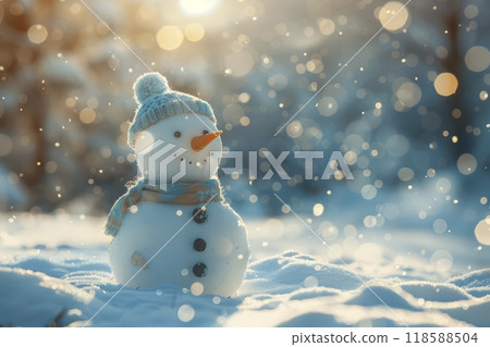 Snowman in the snow with a glowing garland. Generative AI 118588504