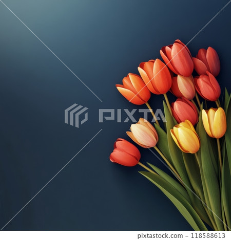 A bouquet of vibrant tulips in various colors against a deep blue background 118588613