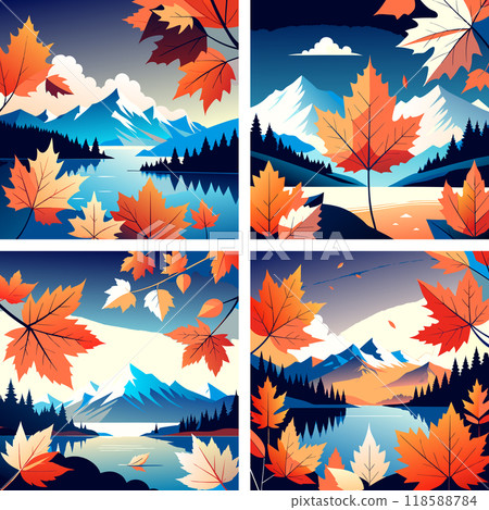 Set of color illustrations on autumn theme with leaves and mountains 118588784