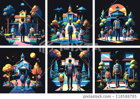 Set of illustrations on the school theme with a student and a backpack 118588785