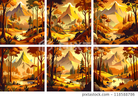 Set of color illustrations on autumn theme with nature and mountains 118588786