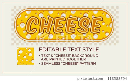 Editable text effect in cheese style. Holey perforated texture of cheese slices. Letter and backdrop are printed together. Seamless pattern in simple flat style. 118588794