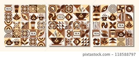 Patterns with icons for Black tea, design elements in simple geometric style. Seamless background with abstract shapes. For branding, decoration of food package, cover design, textile kitchen prints 118588797