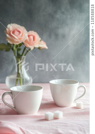 Morning coffee and pink roses on a soft fabric background in a cozy setting 118588818