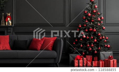 Elegant Christmas tree with red ornaments and gifts in a modern black living room setting 118588855