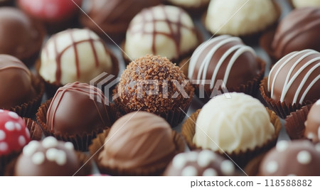 Delicious assortment of chocolate truffles displayed at a local artisan confectionery shop 118588882