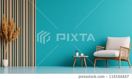 Bright modern interior featuring a white chair and decorative plants against a blue wall 118588887