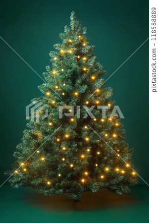 Decorated Christmas tree with glowing lights against a dark green backdrop during the holiday season 118588889