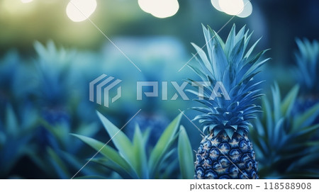 Fresh pineapples growing abundantly in a tropical garden under natural sunlight 118588908