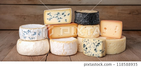 Assorted cheese varieties displayed on a wooden board with natural lighting 118588935