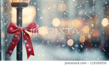 Snowy winter evening with a decorative lamppost adorned with a red bow in a quiet park 118588936