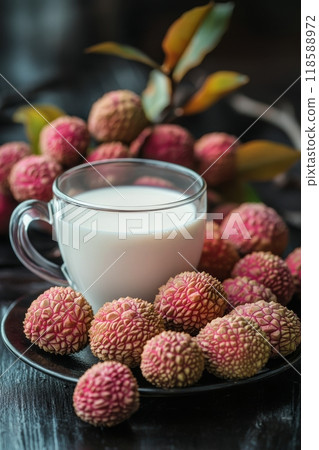 Fresh lychees and a glass of milk on a rustic wooden table in natural light 118588972