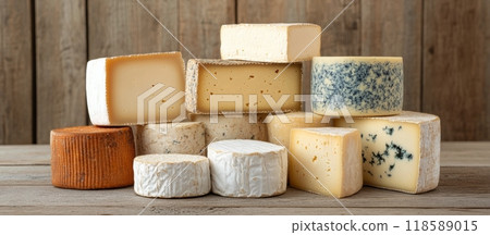 Assorted cheese varieties displayed on a wooden board with natural lighting 118589015