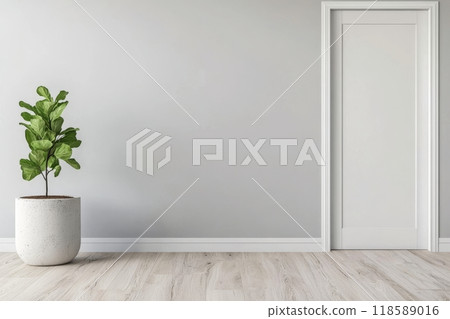 Stylish indoor plant in a minimalist room with bright white walls and wooden flooring 118589016