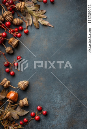 Autumn decorations featuring acorns and red berries on a dark surface for seasonal inspiration 118589021
