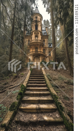 樓梯頂部令人毛骨悚然的西式建築/AI生成 118589121