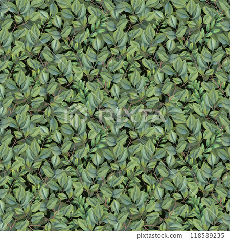 Green abstract leaves watercolor seamless pattern on black background. Summer forest intertwining lush foliage plants. Floral rustic illustration for package, textile. 118589235