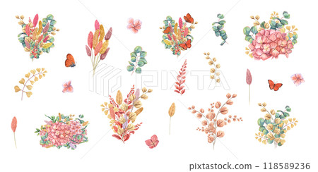 Dried lagurus, eucalyptus branches, field plants, hydrangea flowers and flying orange butterflies watercolor realistic compositions. Festive floral bouquets for wedding stationary design, invitation 118589236