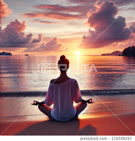 Woman meditating on the beach at sunset 118589283