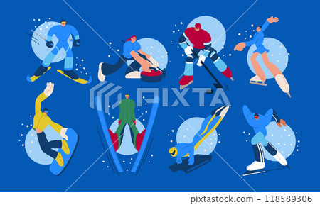 Winter sport. Ski and skates. Hockey play on ice. Bobsleigh sportsman. Athlete speed riding on snow. Active vacation resort. Holidays in cold mountains. Snowboard slope. Vector athletic activities set Winter sport. Ski and skates. Hockey play on ice. Bobsleigh sportsman. Athlete speed riding on snow. Active vacation resort. Holidays in cold mountains. Snowboard slope. Vector athletic activities set 118589306