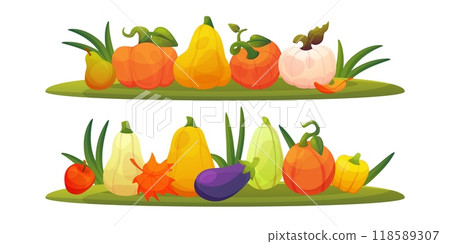 Icon pumpkin cartoon 3d. Halloween vegetable composition, autumn garden. Squash, gourd harvest, fall food. Thanksgiving cute graphic. Element game nutrition. Vector cartoon flat isolated illustration Icon pumpkin cartoon 3d. Halloween vegetable composition, autumn garden. Squash, gourd harvest, fall food. Thanksgiving cute graphic. Element game nutrition. Vector cartoon flat isolated illustration 118589307