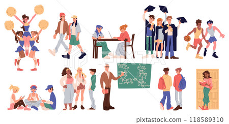 University graduate. Students education. College classmates life. Friends group study. School campus park. Young people walk or talk. Academy library. Teacher at blackboard. Vector happy bachelors set 118589310