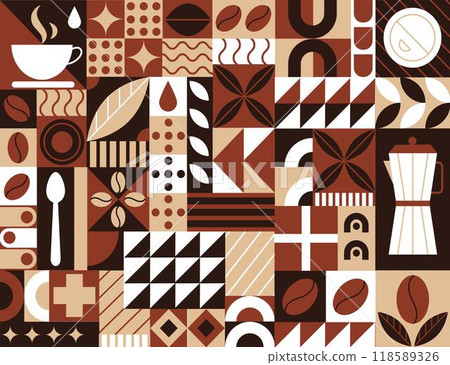Coffee pattern, geometric background, icon bean. Illustration element abstract, Bauhaus concept cafe decoration. Cacao shape, graphic restaurant for poster and banner. Menu cover. Vector tidy design Coffee pattern, geometric background, icon bean. Illustration element abstract, Bauhaus concept cafe decoration. Cacao shape, graphic restaurant for poster and banner. Menu cover. Vector tidy design 118589326
