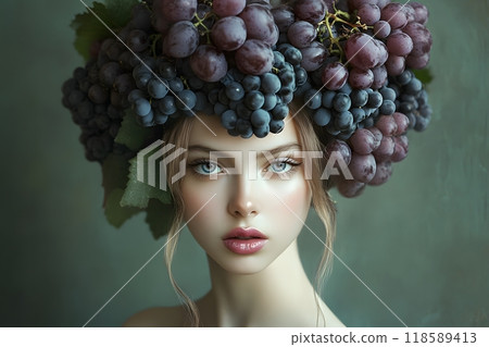 Girl with grapes on her head, hairstyle, wreath. Creative modern art. A bunch of grapes 118589413