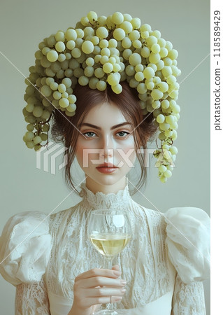 Beautiful girl with grape hairstyle, glass of wine, publicity photo, futurism Beautiful girl with grape hairstyle, glass of wine, publicity photo, futurism 118589429