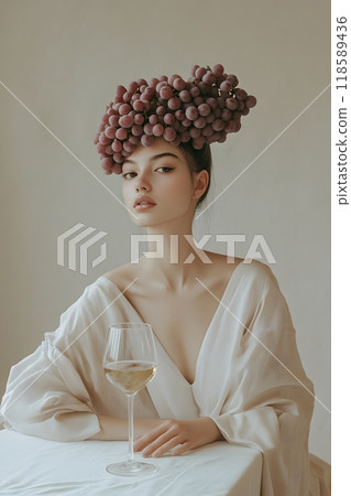 Beautiful girl with grape hairstyle, glass of wine, publicity photo, futurism 118589436
