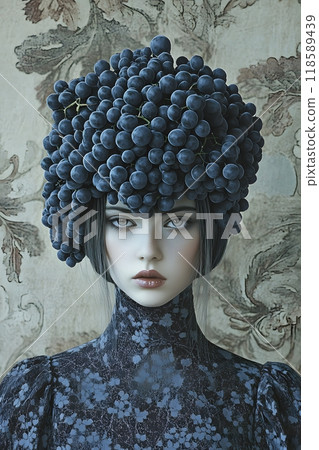 Girl with grapes on her head, hairstyle, wreath. Creative modern art. A bunch of grapes 118589439