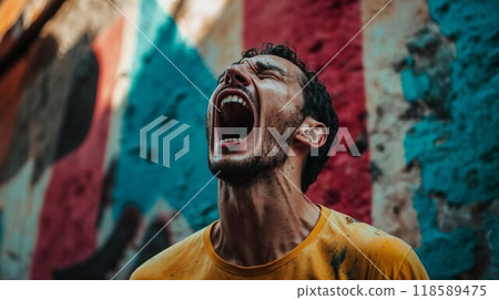 A man in a yellow shirt screams in front of a colorful wall A man in a yellow shirt screams in front of a colorful wall 118589475