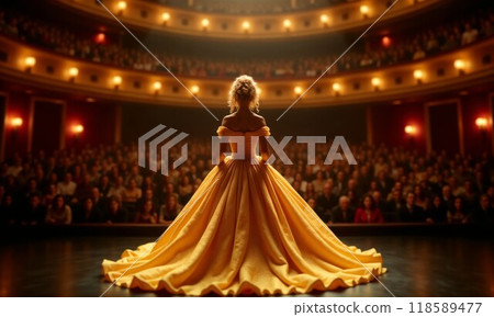 A Graceful and Enchanting Performance in a Stunning Golden Gown on Stage During Show A Graceful and Enchanting Performance in a Stunning Golden Gown on Stage During Show 118589477