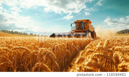 A combine harvester is efficiently working in a vast wheat field 118589481